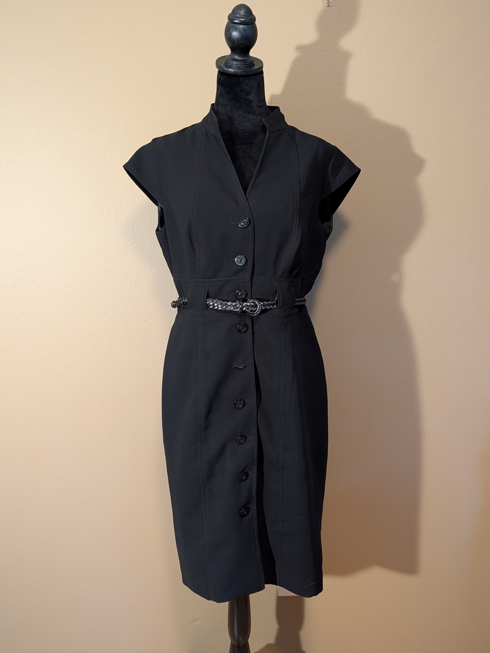 Calvin Klein Black Midi Button-Front Dress with Belt. Size 6.